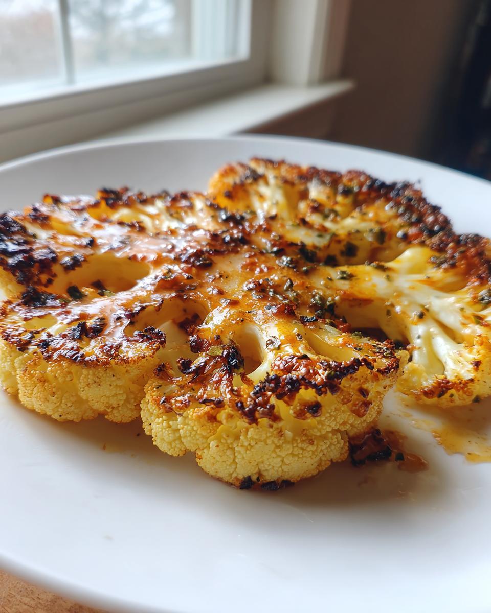 Zwei perfekt gebratene Scheiben des Vegan Cauliflower Steak Dish mit karamellisierter Glasur.