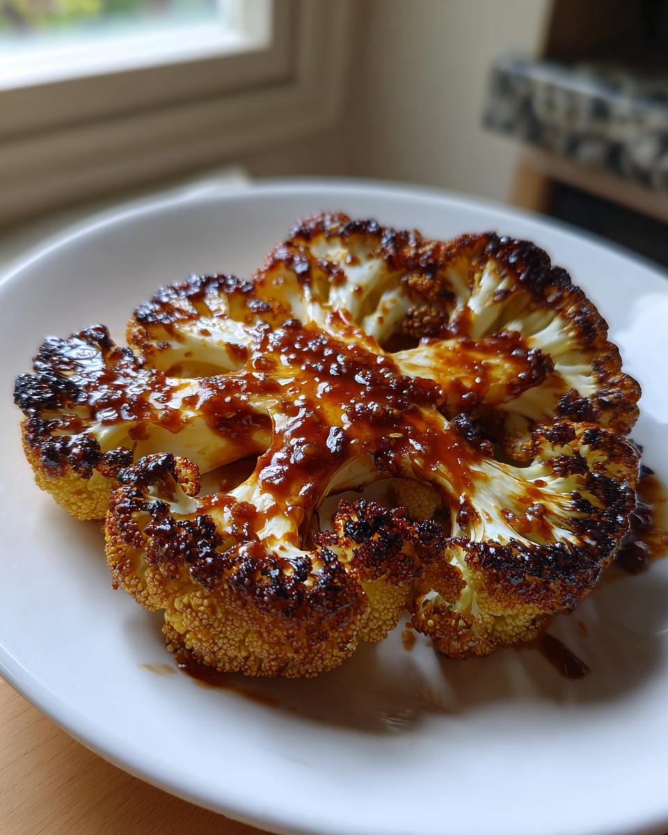 Nahaufnahme eines gebratenen Vegan Cauliflower Steak Dish mit dunkler, glänzender Glasur auf einem weißen Teller.
