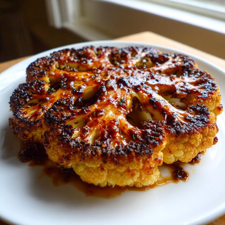 Ein perfekt gebratenes Vegan Cauliflower Steak Dish mit dunkler, glänzender Glasur auf einem weißen Teller.