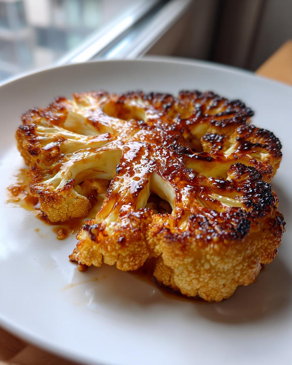 Close-up of a thick, caramelized Vegan Cauliflower Steak Dish slice served on a white plate.