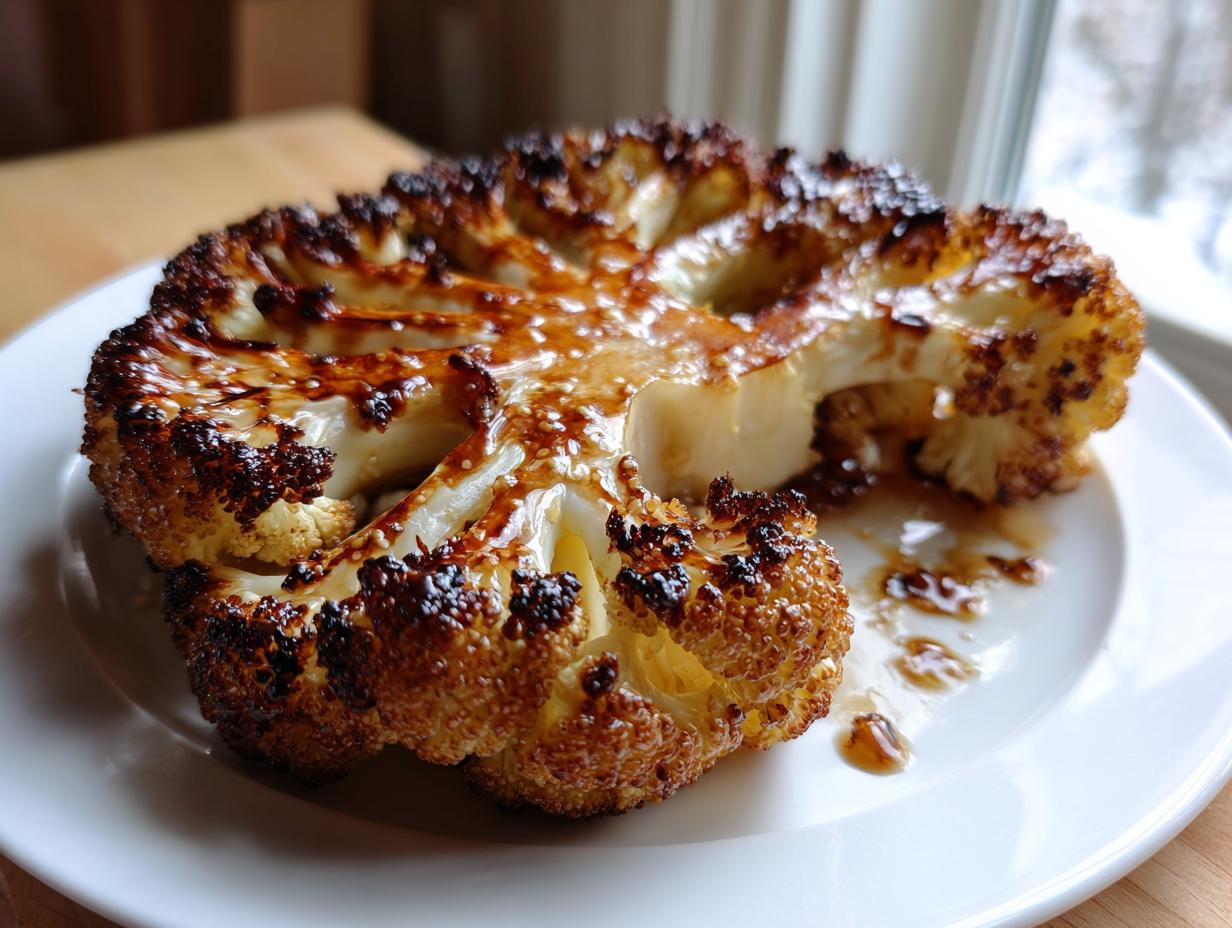 A thick, caramelized slice of Vegan Cauliflower Steak Dish, beautifully browned and glazed on a white plate.
