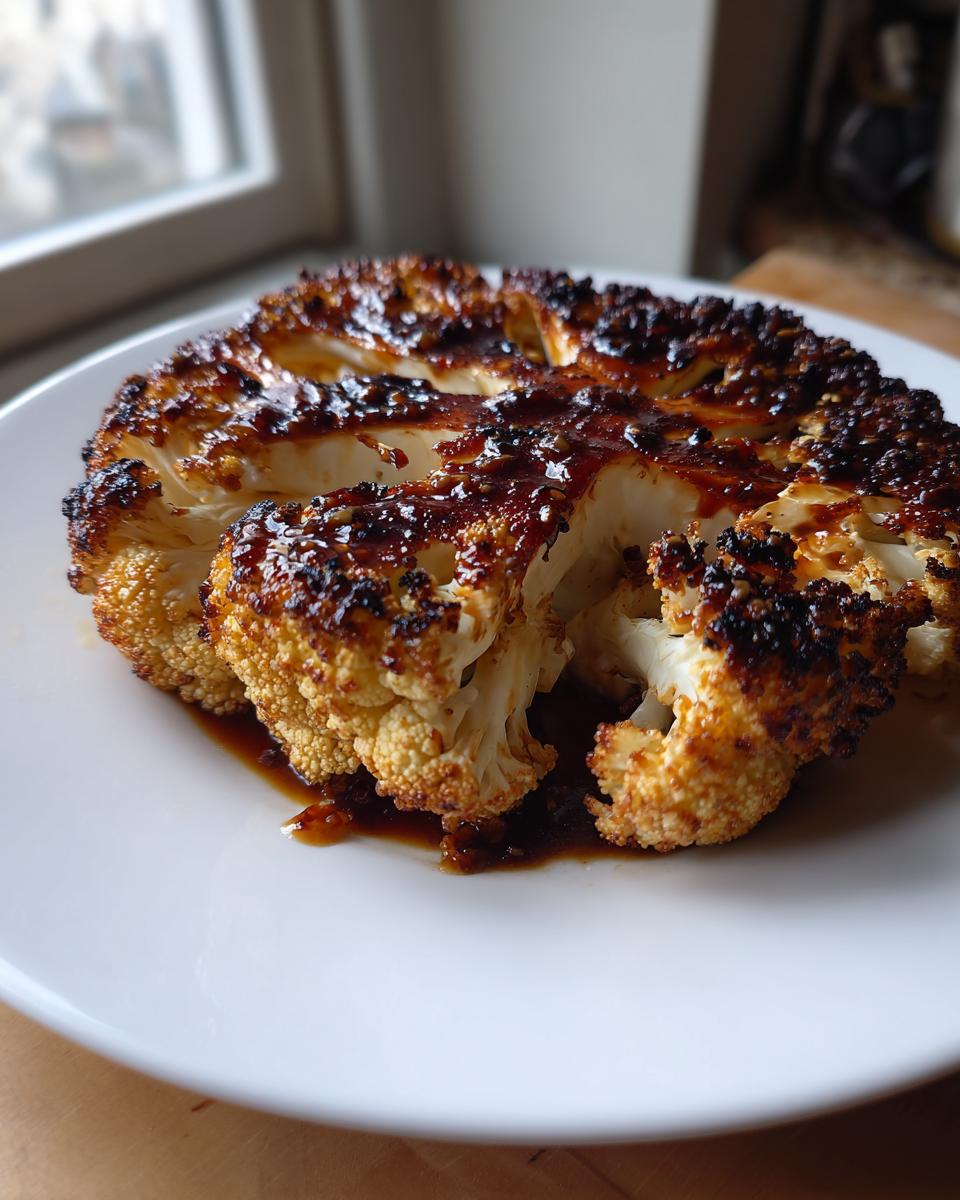 Ein perfekt gebratenes Vegan Cauliflower Steak Dish mit dunkler, karamellisierter Glasur auf einem weißen Teller.