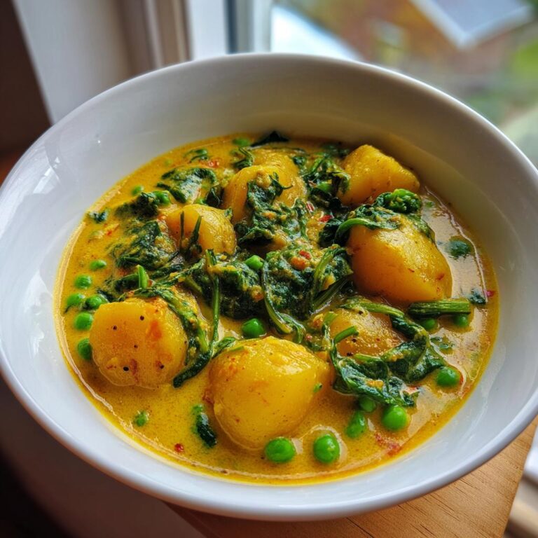 Nahaufnahme eines Veganes Kartoffelcurry mit großen Kartoffelstücken, Spinat und Erbsen in einer cremigen, gelben Sauce.