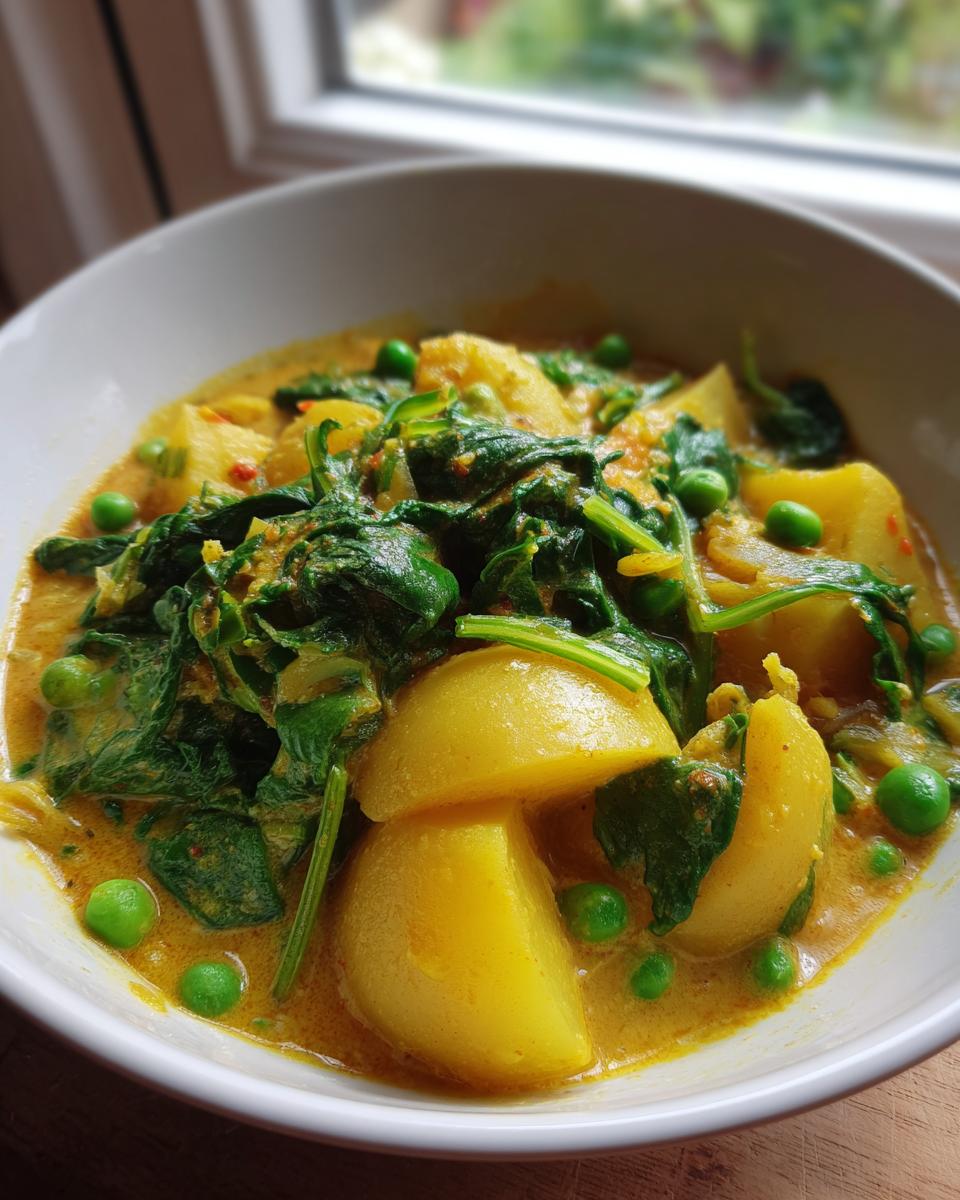 Nahaufnahme eines Veganes Kartoffelcurry mit großen Kartoffelstücken, viel grünem Spinat und leuchtend grünen Erbsen in einer cremigen, gelben Sauce.