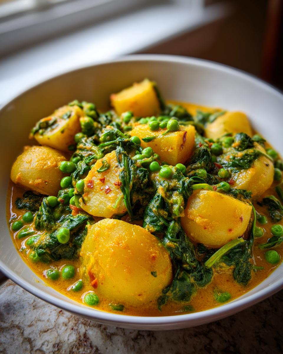 Nahaufnahme von Veganes Kartoffelcurry mit großen Kartoffelstücken, Spinat und Erbsen in einer cremigen gelben Sauce.