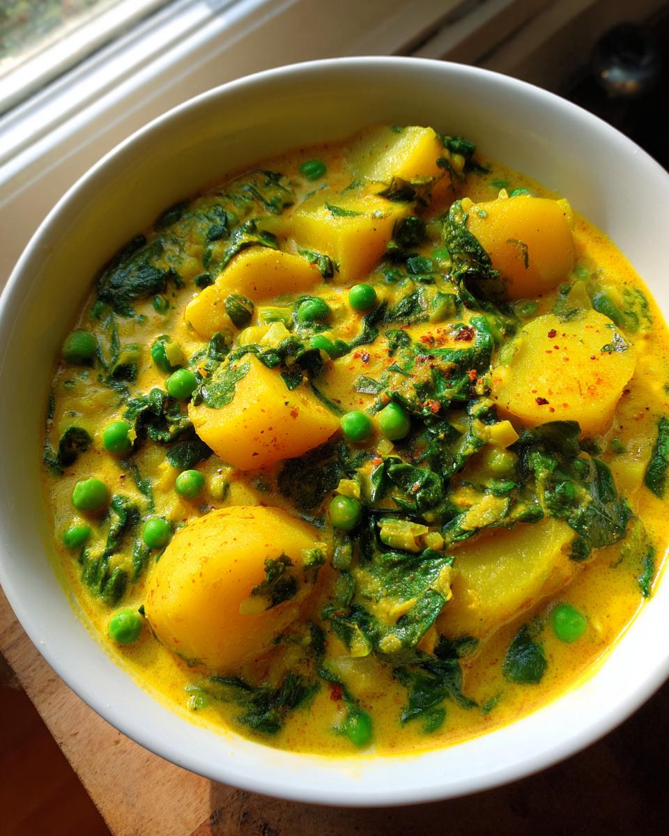Nahaufnahme einer Schüssel mit Veganes Kartoffelcurry: Schnell & einfach mit Spinat & Erbsen in cremiger gelber Sauce.