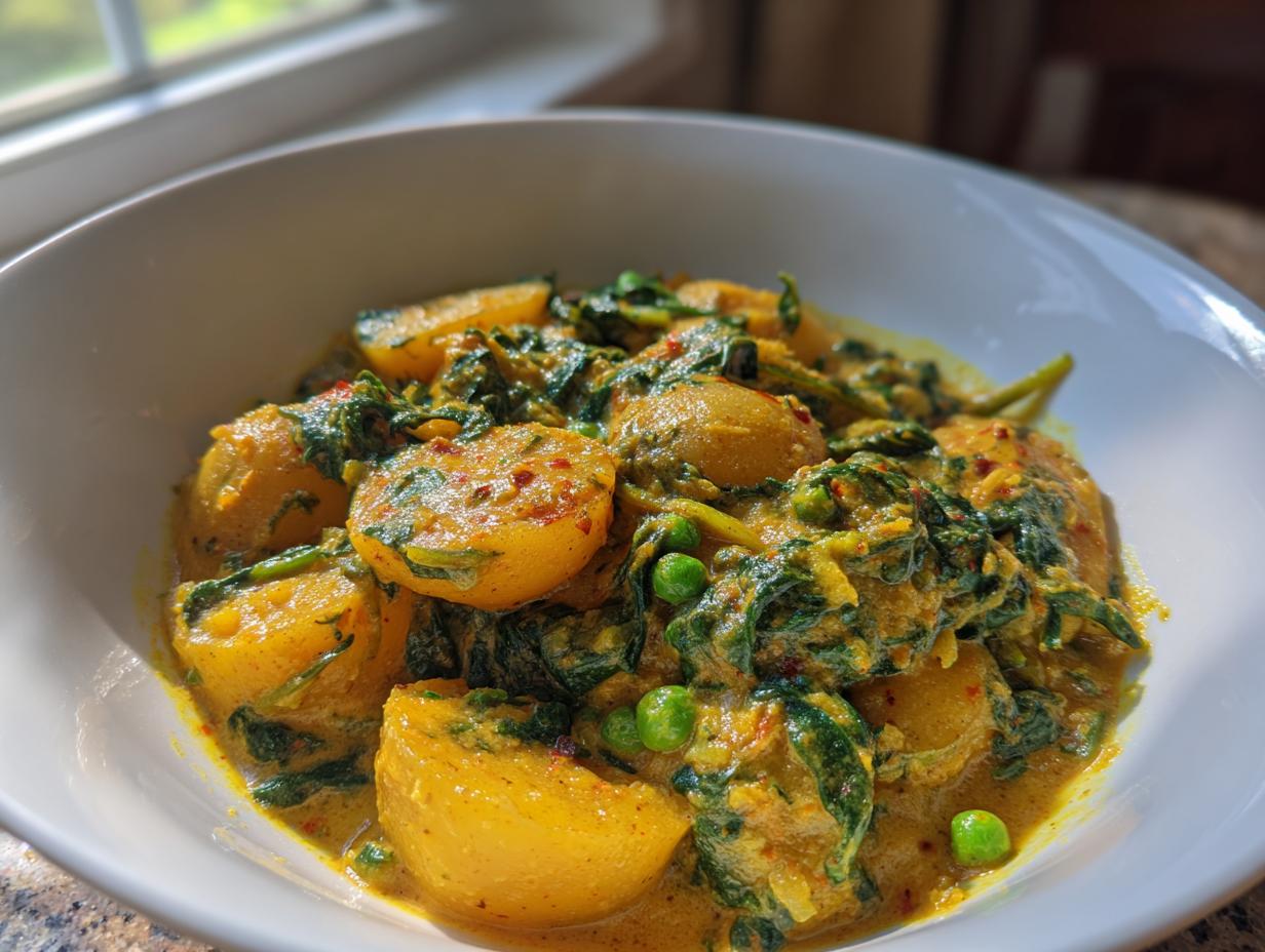 Nahaufnahme von Veganes Kartoffelcurry mit gelben Kartoffelstücken, grünem Spinat und Erbsen in einer cremigen, gelben Sauce.