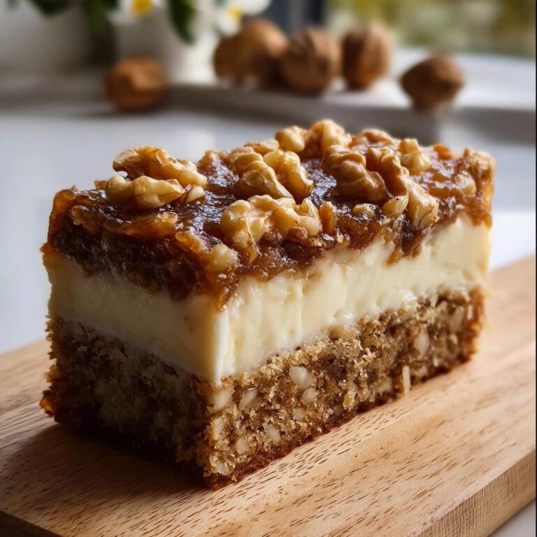 Ein saftiges Stück Walnusskuchen Rezept – Friss-dich-dumm Variante mit Nussboden, Creme und karamellisierten Walnüssen.