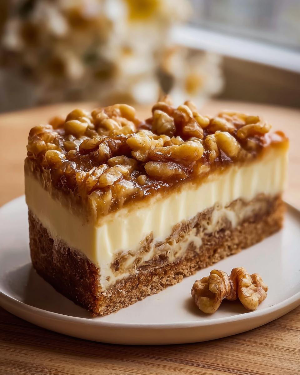 Ein Stück geschichteter Walnusskuchen Rezept – Friss-dich-dumm Variante mit Karamell-Walnuss-Topping auf einem Teller.