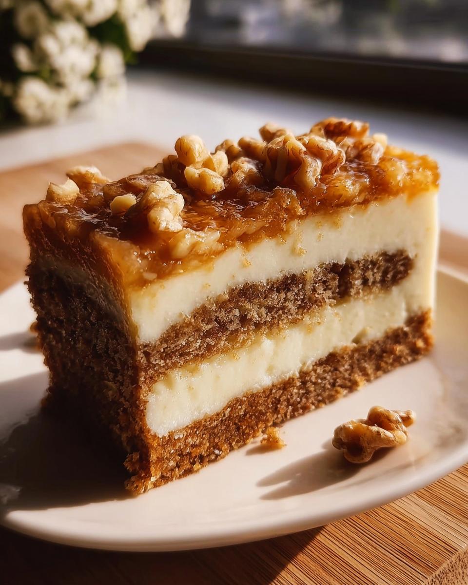 Ein saftiges Stück Walnusskuchen Rezept – Friss-dich-dumm Variante mit Schichten aus Nussboden und Creme, gekrönt mit karamellisierten Walnüssen.