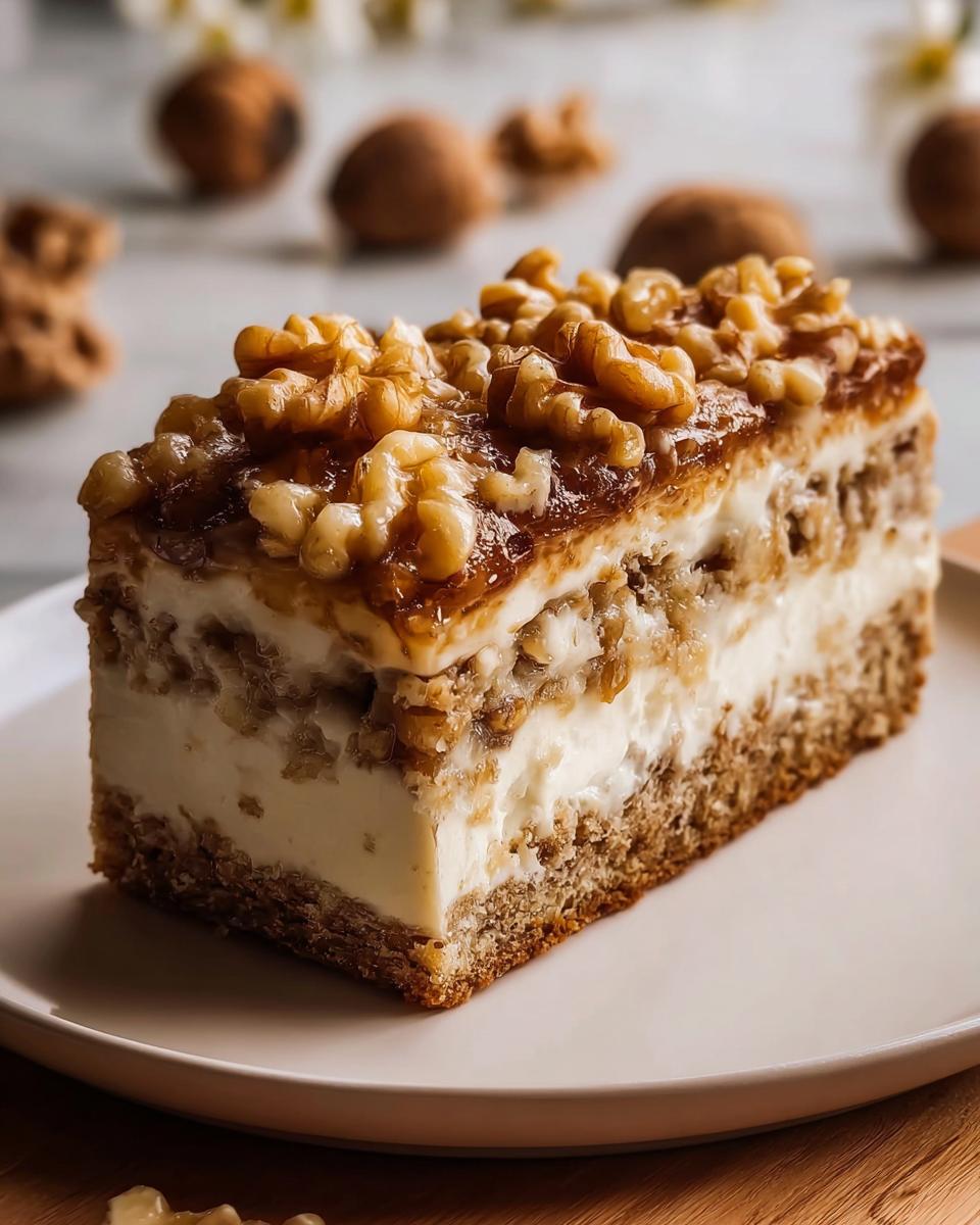 Ein saftiges Stück Walnusskuchen Rezept – Friss-dich-dumm Variante mit Cremeschicht und Walnuss-Karamell-Topping.