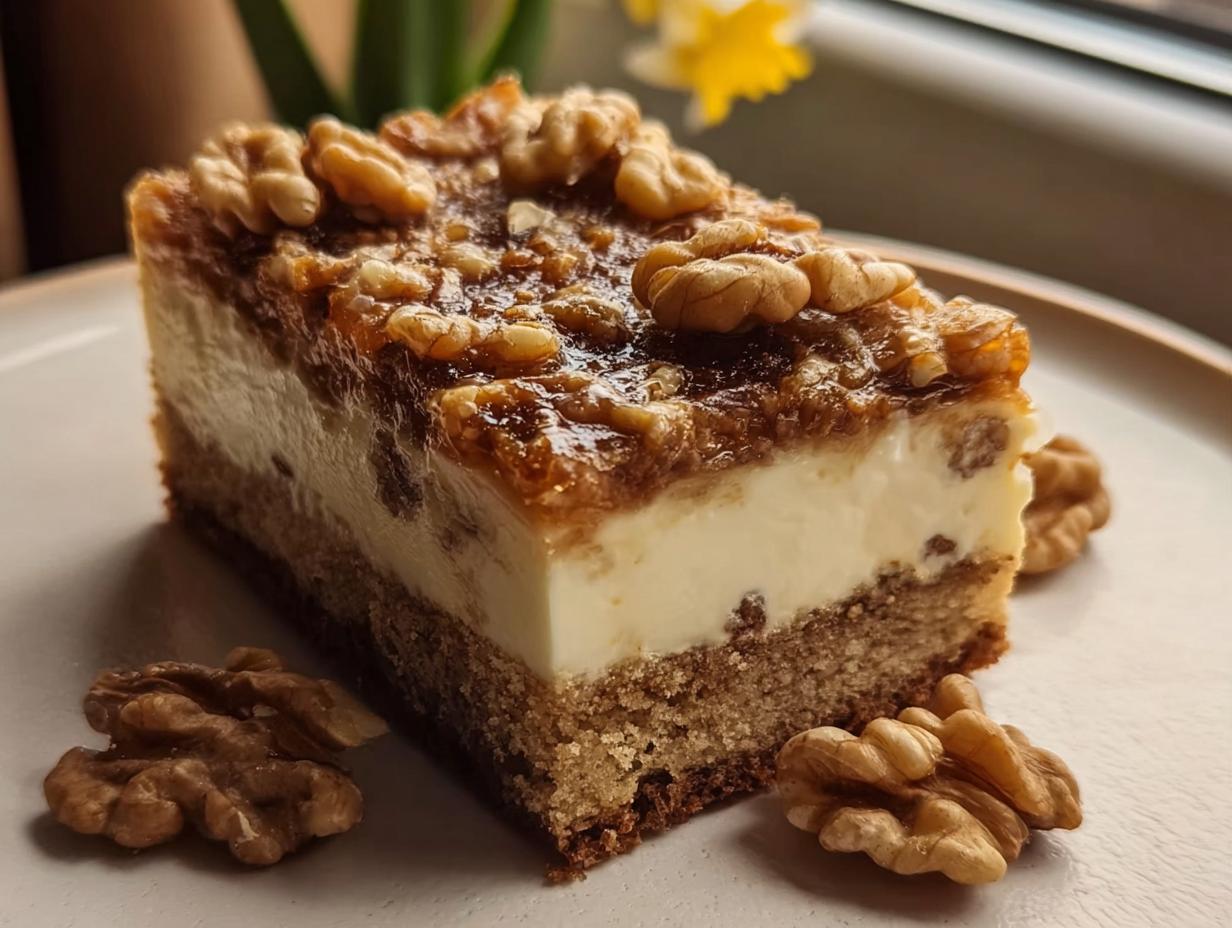 Ein Anschnitt eines saftigen Walnusskuchen Rezept – Friss-dich-dumm Variante mit cremiger Füllung und Walnüssen.