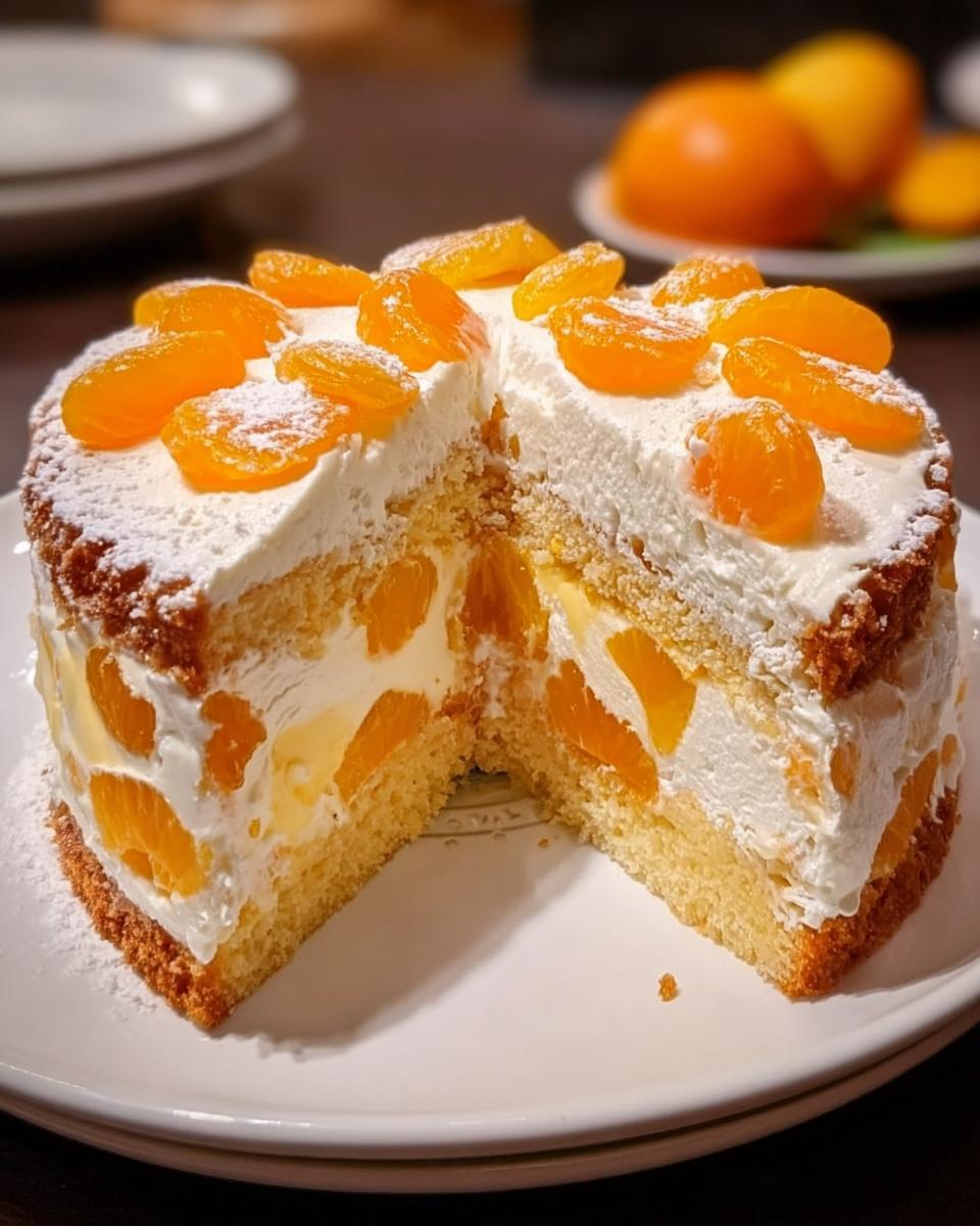 Schnittansicht einer festlichen Weihnachts Mandarinen-Torte mit Biskuitböden, Sahne und Mandarinenstücken.