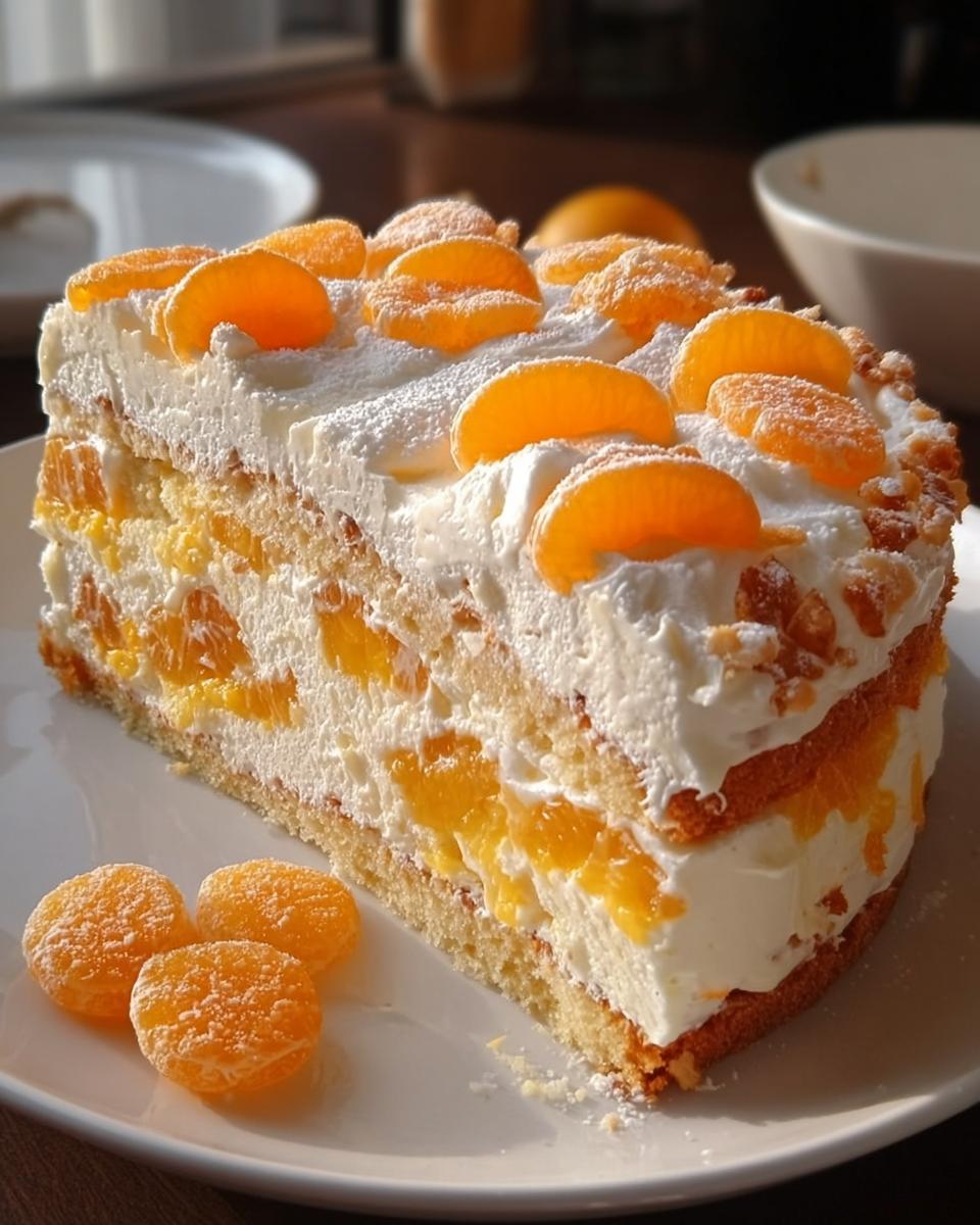 Ein großes Stück Weihnachts Mandarinen-Torte mit Biskuitboden, viel Sahne und Mandarinenstücken auf einem weißen Teller.