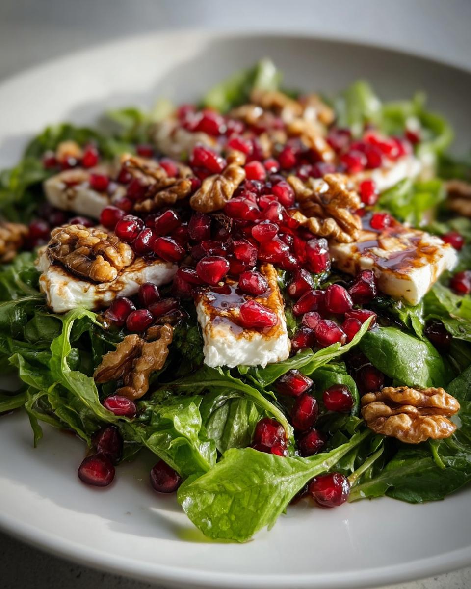 Nahaufnahme eines festlichen Weihnachts-Salat mit Rucola, Ziegenkäse, Granatapfelkernen und Walnüssen.