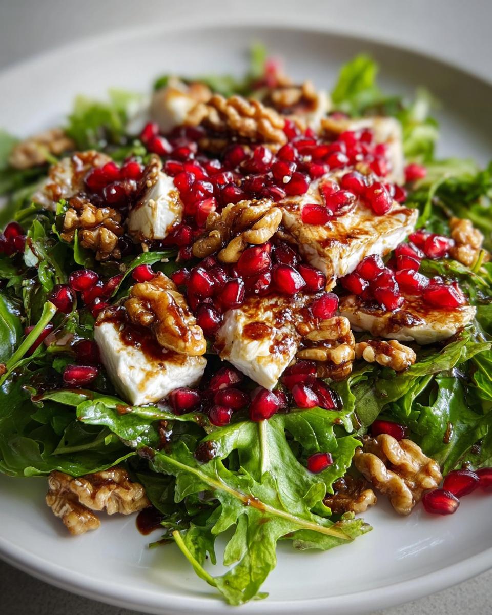 Nahaufnahme eines festlichen Weihnachts-Salat mit Rucola, Ziegenkäse, Walnüssen und Granatapfelkernen.