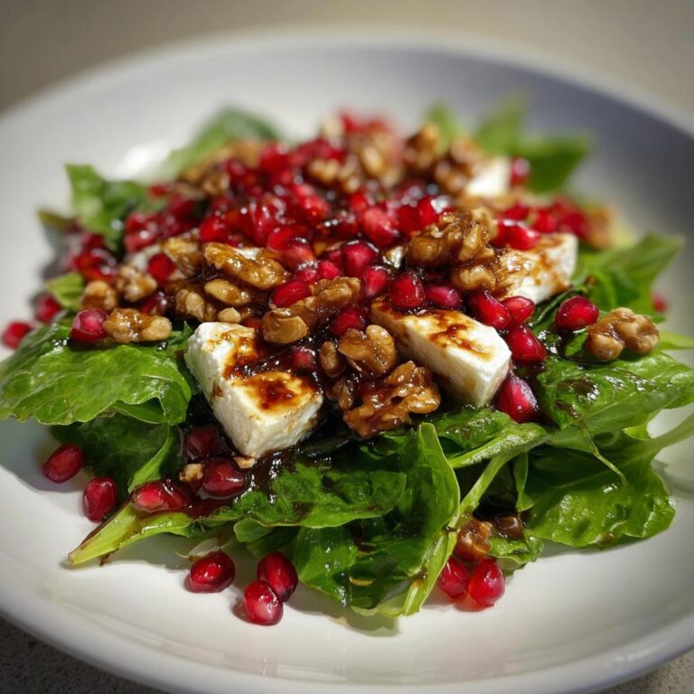 Nahaufnahme eines festlichen Weihnachts-Salat mit grünen Blättern, Feta-Käse, Walnüssen und Granatapfelkernen.