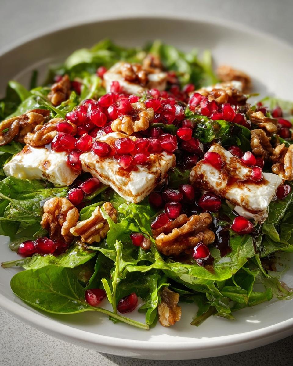 Nahaufnahme eines festlichen Weihnachts-Salat mit Rucola, Ziegenkäse, Walnüssen und Granatapfelkernen.