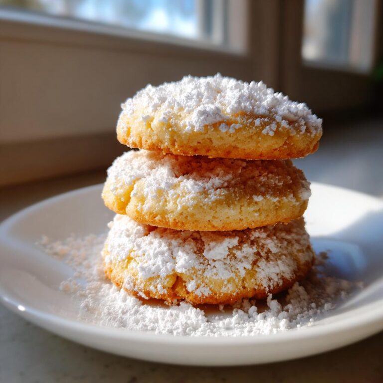 Drei gestapelte Wiener Plätzchen, großzügig mit Puderzucker bestäubt, auf einem weißen Teller.
