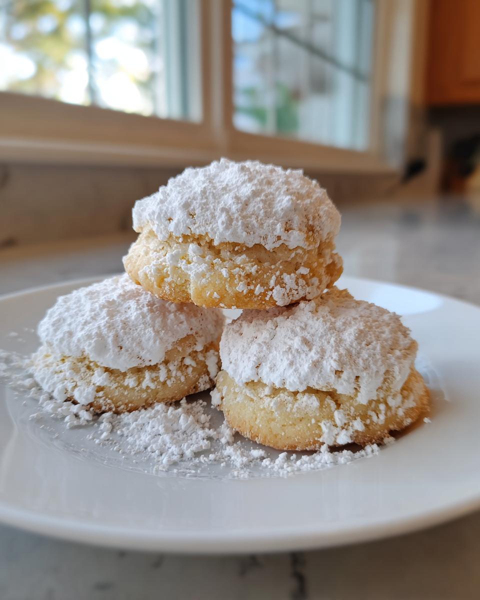 Drei gestapelte Wiener Plätzchen, großzügig mit Puderzucker bestreut, auf einem weißen Teller.