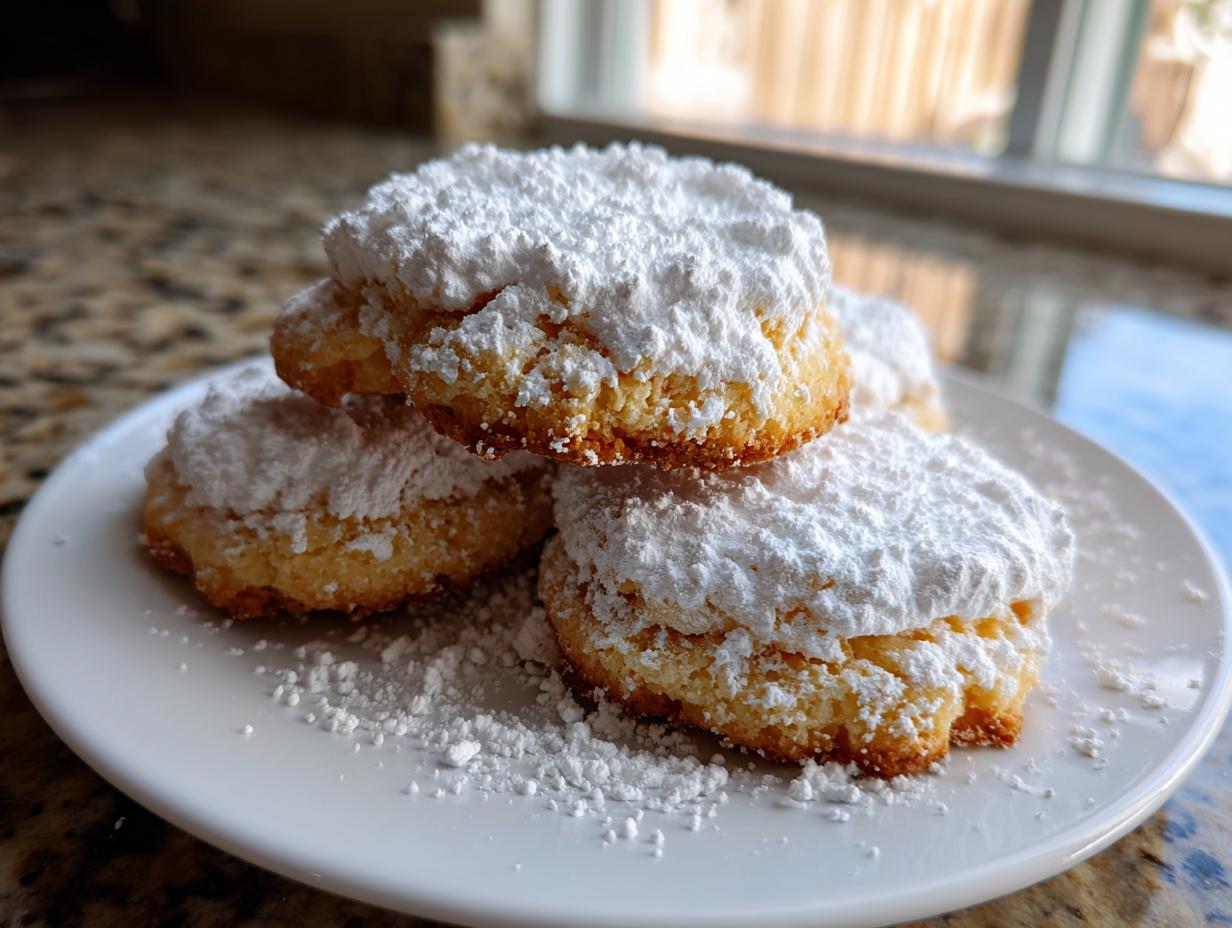 Ein Stapel goldbrauner Wiener Plätzchen, großzügig bestäubt mit weißem Puderzucker, auf einem weißen Teller.