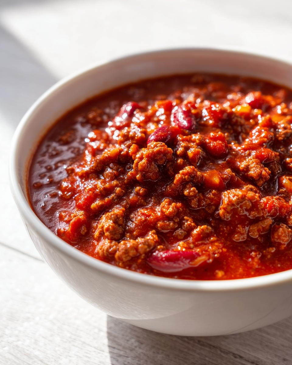 Nahaufnahme eines tiefroten, herzhaften Eintopfs mit Hackfleisch und Bohnen, der dem Wikingertopf einfach selber machen ähnelt.