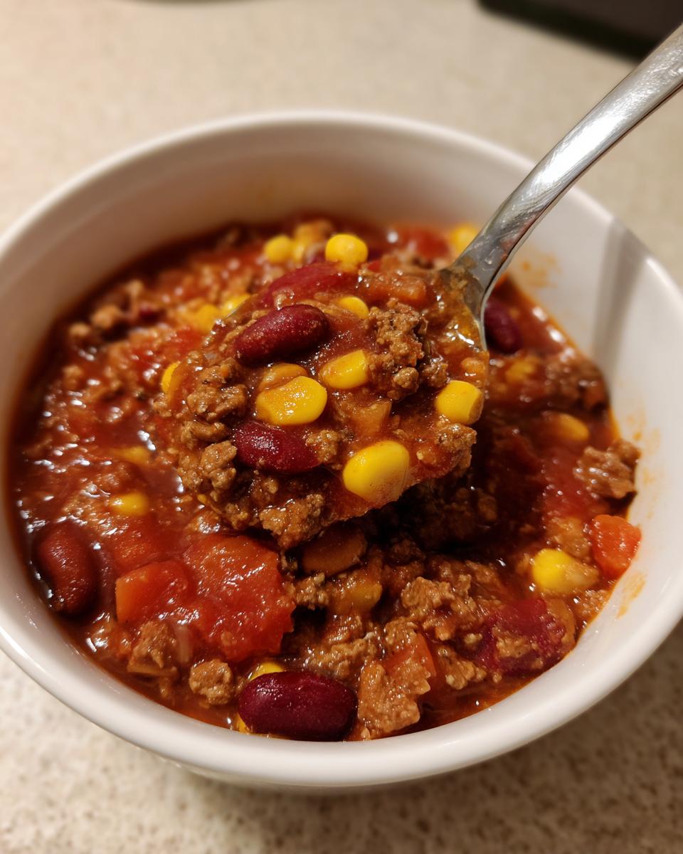 Nahaufnahme eines Löffels, der eine Portion Wikingertopf einfach selber machen mit Hackfleisch, Kidneybohnen und Mais aus einer weißen Schüssel hebt.