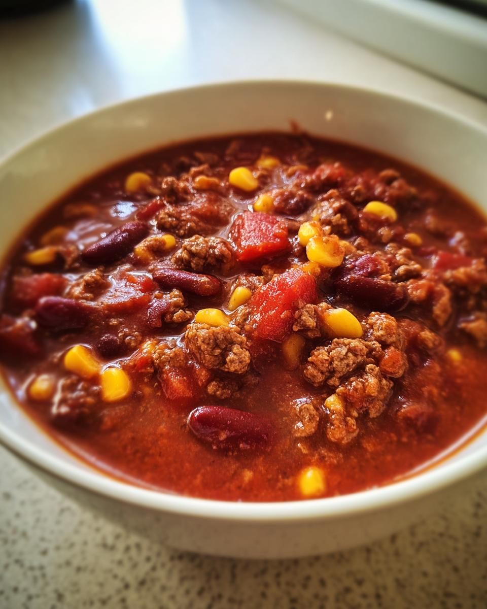 Nahaufnahme eines weißen Tellers gefüllt mit dem fertigen Wikingertopf einfach selber machen, mit Hackfleisch, Kidneybohnen und Mais.