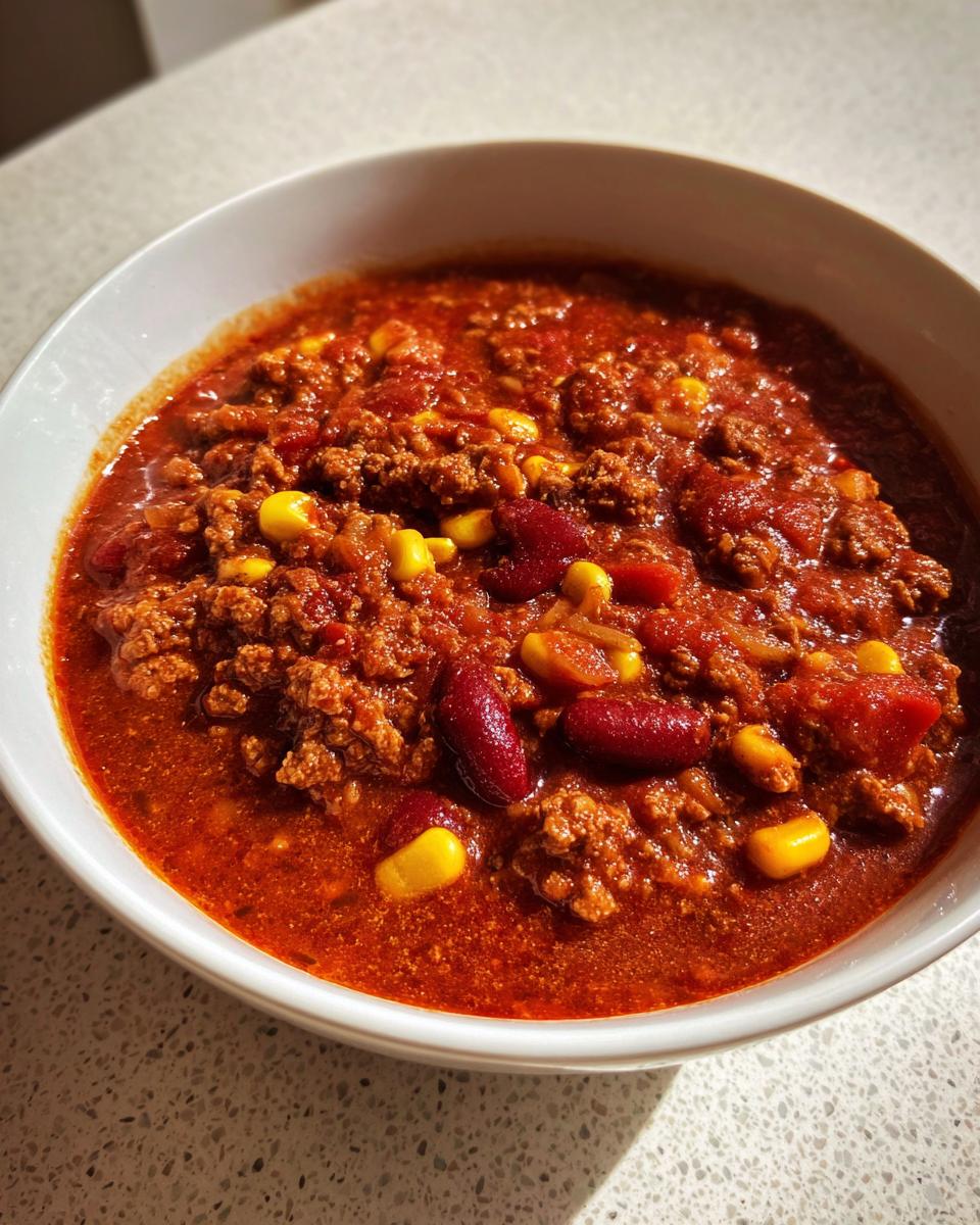 Nahaufnahme eines reichhaltigen Wikingertopf einfach selber machen mit Hackfleisch, Kidneybohnen und Mais in einer weißen Schüssel.