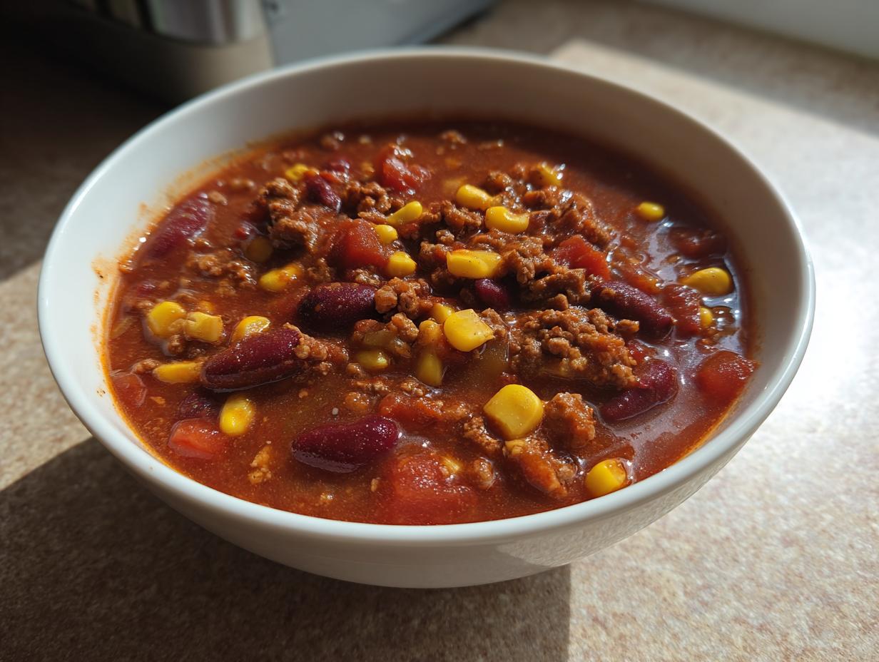 Eine weiße Schüssel gefüllt mit Wikingertopf einfach selber machen, bestehend aus Hackfleisch, Kidneybohnen und Mais in Tomatensauce.