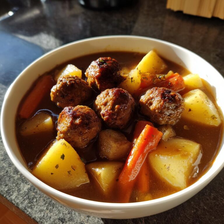 Nahaufnahme von Wikingertopf mit Hackbällchen und Kartoffeln in einer weißen Schüssel mit dunkler Soße.