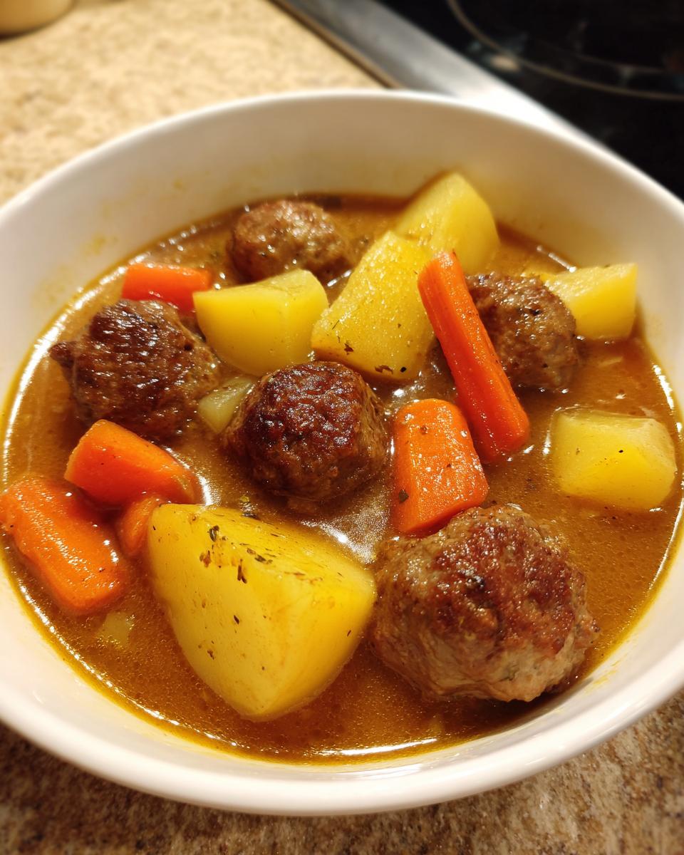 Nahaufnahme von Wikingertopf mit Hackbällchen und Kartoffeln in einer weißen Schüssel.