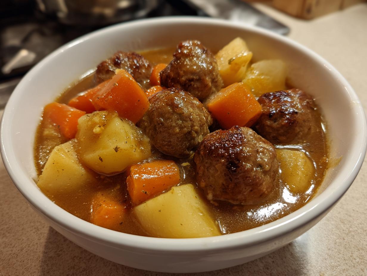 Nahaufnahme von Wikingertopf mit Hackbällchen und Kartoffeln in einer weißen Schüssel mit reichlich Sauce.