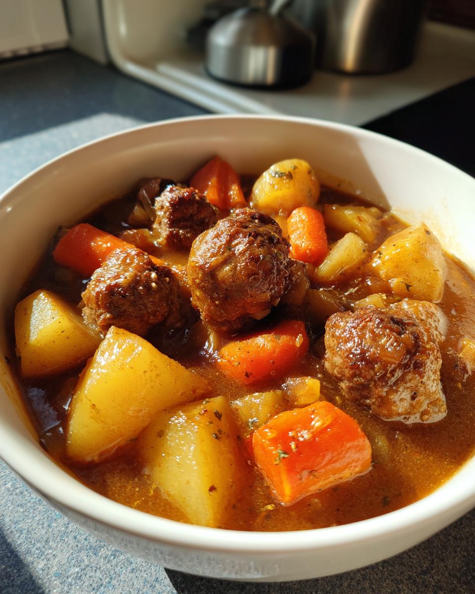 Nahaufnahme eines weißen Tellers gefüllt mit Wikingertopf mit Hackbällchen und Kartoffeln in dunkler Soße.