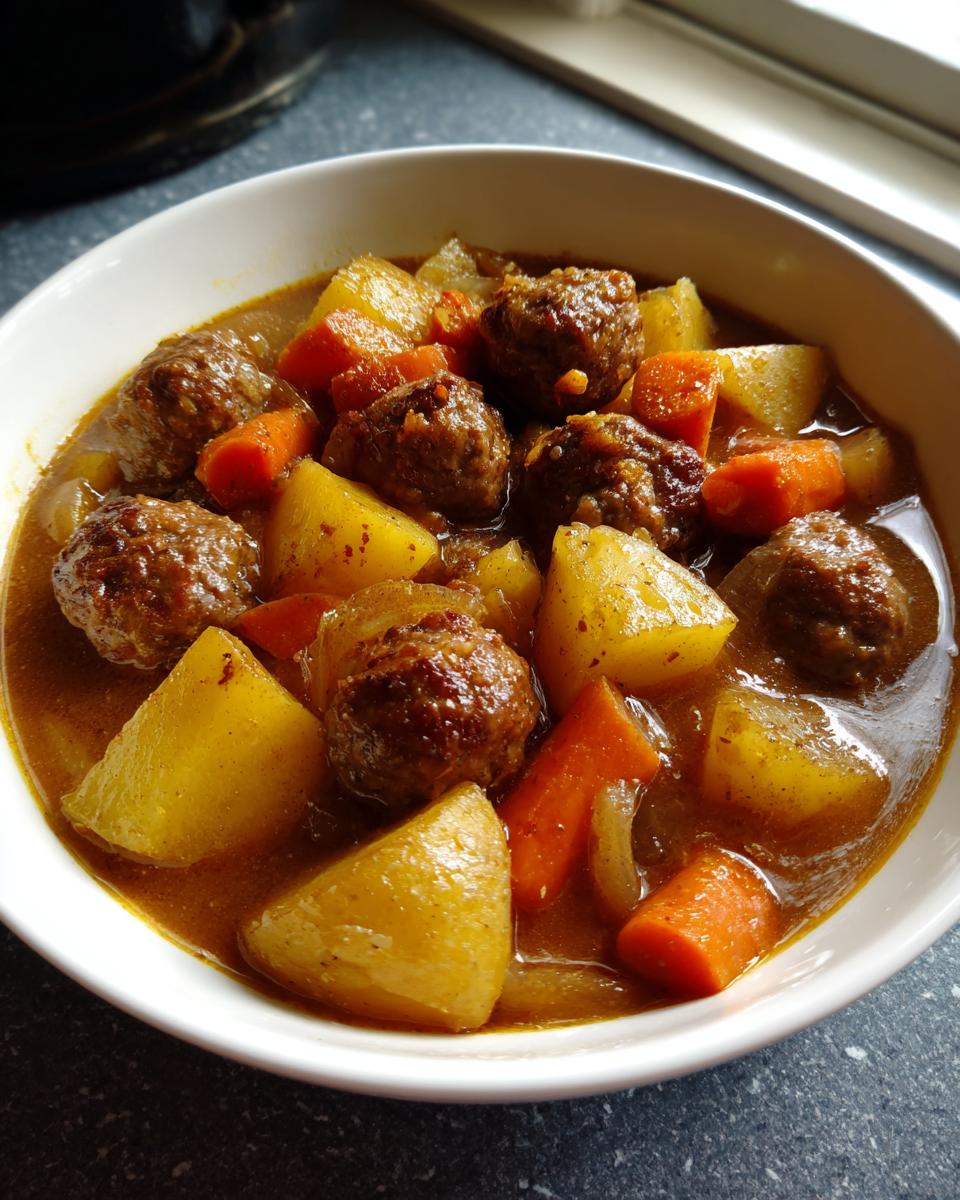 Nahaufnahme eines weißen Topfes gefüllt mit Wikingertopf mit Hackbällchen und Kartoffeln, Karotten und reichlich Soße.