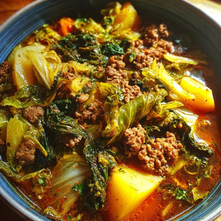 Nahaufnahme von Wirsingeintopf mit Kartoffeln und Hackfleisch in einer blauen Schüssel.