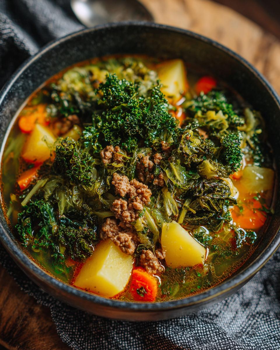 Nahaufnahme eines Wirsingeintopf mit Kartoffeln und Hackfleisch in einer dunklen Schüssel.