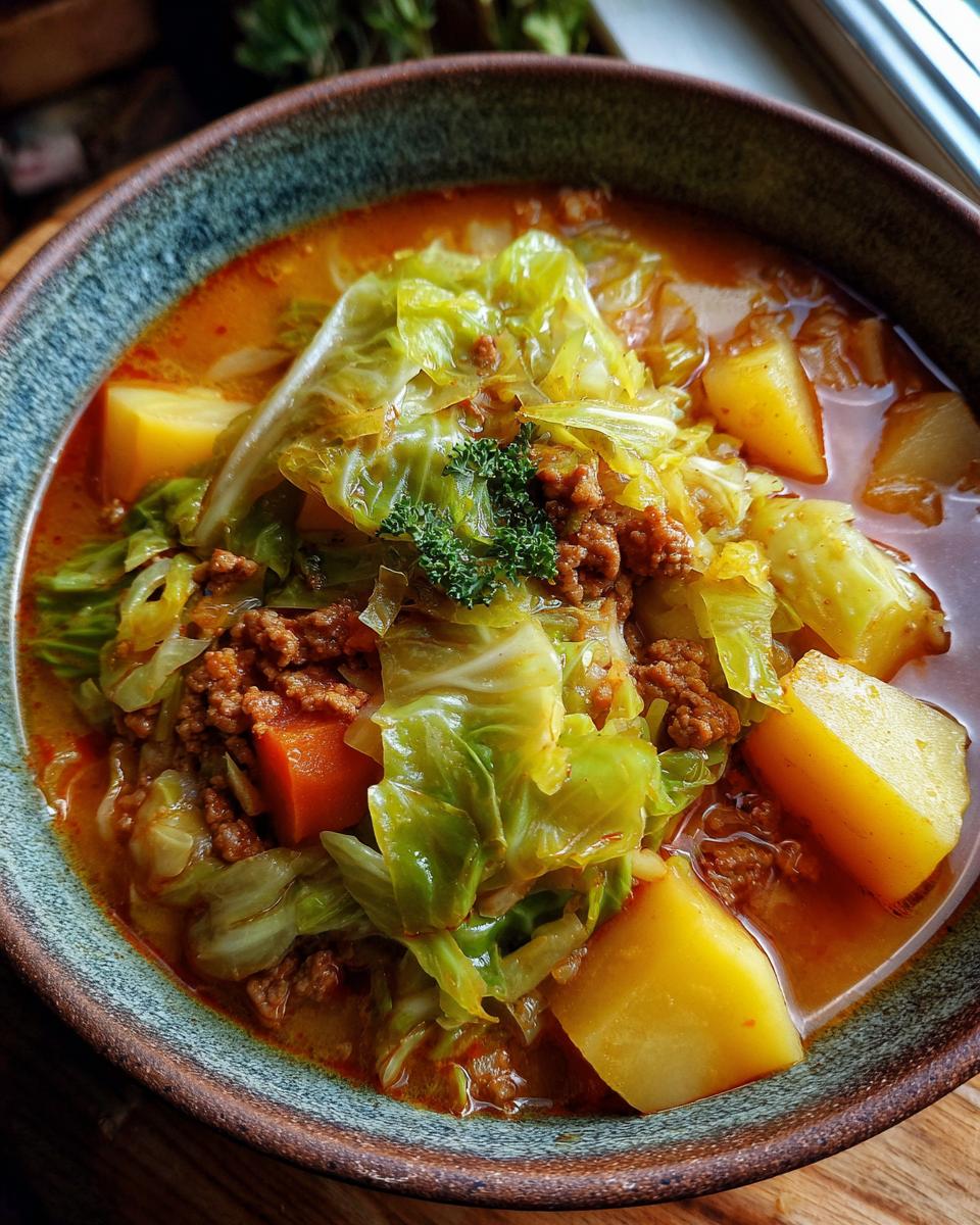 Nahaufnahme eines Wirsingeintopf mit Kartoffeln und Hackfleisch in einer rustikalen Schüssel.