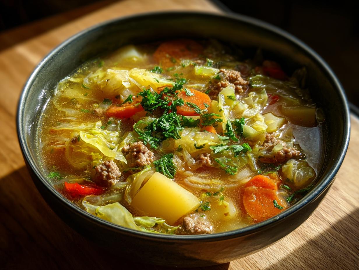 Nahaufnahme von Wirsingeintopf mit Kartoffeln und Hackfleisch, garniert mit Petersilie in einer dunklen Schüssel.