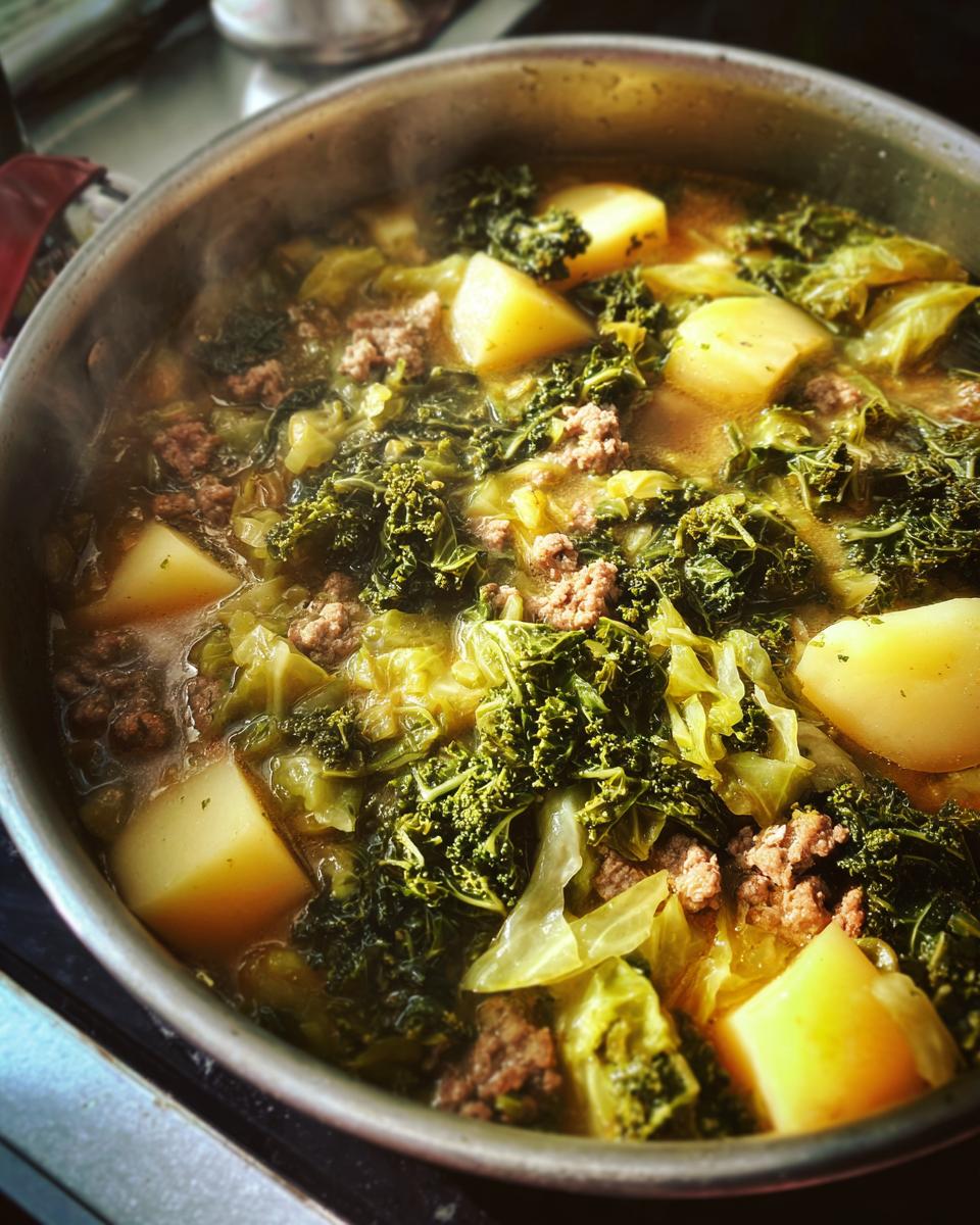 Nahaufnahme eines dampfenden Wirsingeintopf mit Kartoffeln und Hackfleisch in einem Topf.