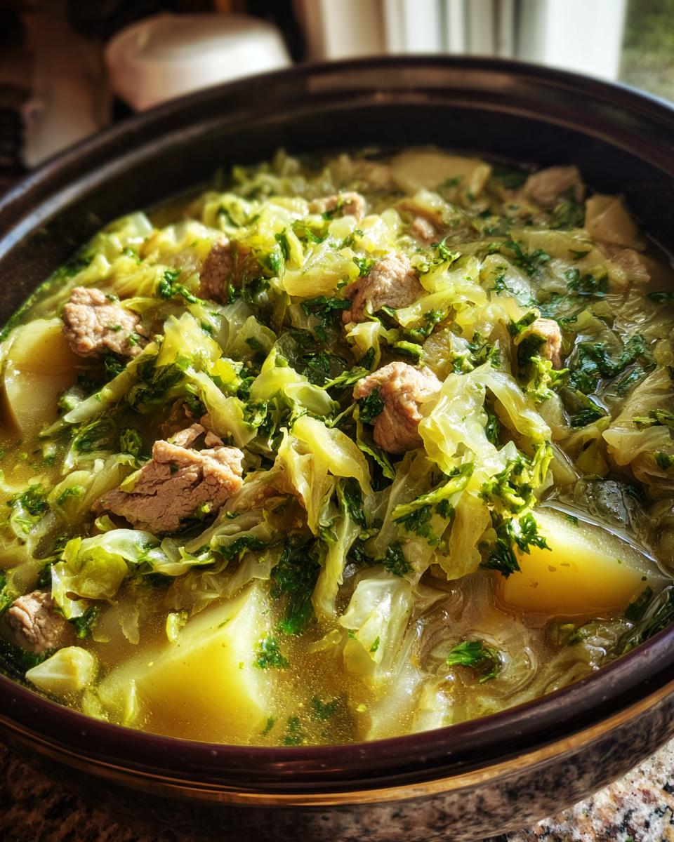 Nahaufnahme eines dampfenden Wirsingeintopf mit Kartoffeln und Fleischstücken in einem dunklen Topf.