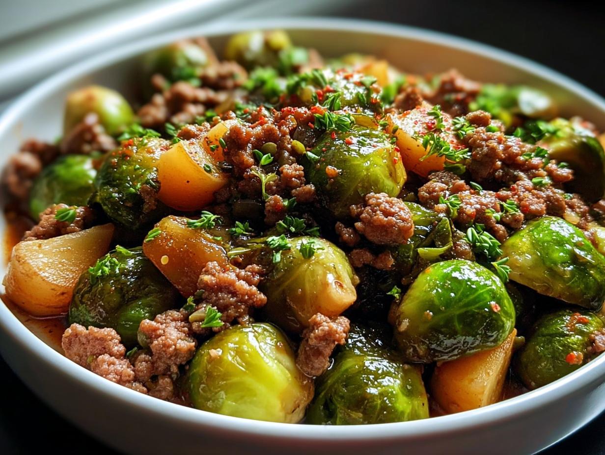 Nahaufnahme einer Schüssel mit Würzige Rosenkohl-Hackfleisch-Pfanne, garniert mit Petersilie.