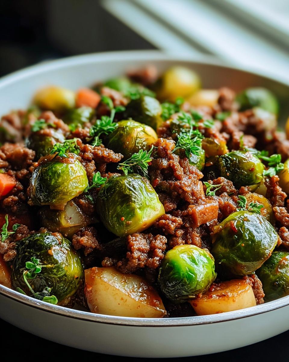 Nahaufnahme der Würzige Rosenkohl-Hackfleisch-Pfanne mit ganzen Rosenkohlröschen und Hackfleisch.