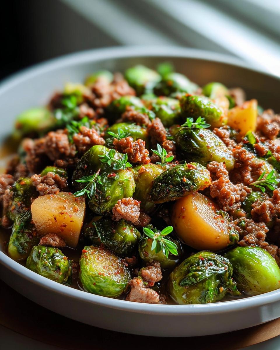 Nahaufnahme einer Würzige Rosenkohl-Hackfleisch-Pfanne mit gebratenem Hackfleisch, Rosenkohl und Kartoffelstücken.