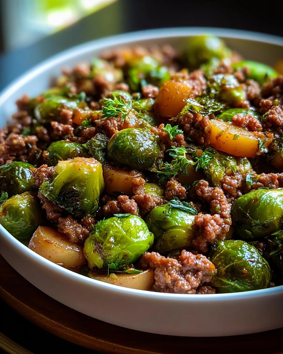 Nahaufnahme einer Würzige Rosenkohl-Hackfleisch-Pfanne mit leuchtend grünen Rosenkohlröschen und gebratenem Hackfleisch.