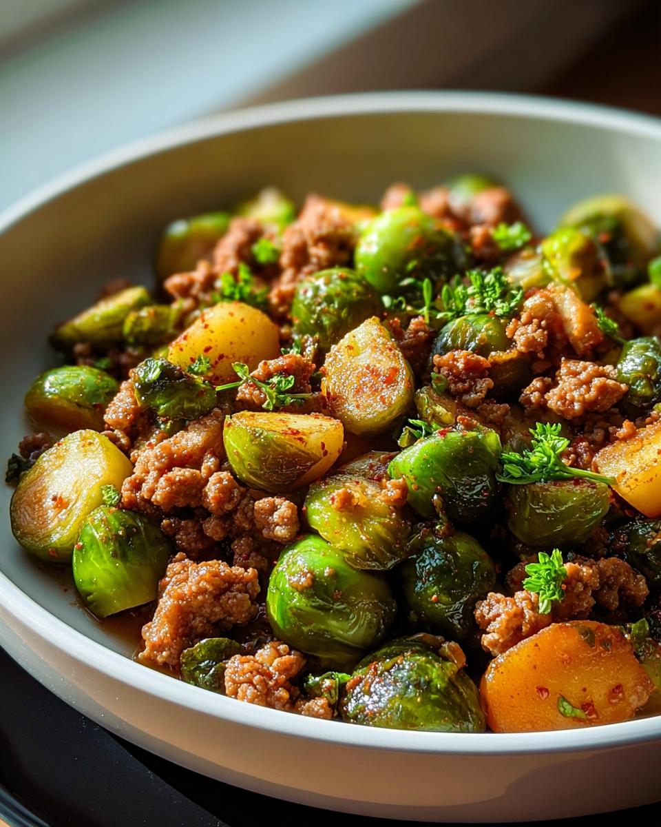 Nahaufnahme einer Würzige Rosenkohl-Hackfleisch-Pfanne mit gebratenem Rosenkohl und Hackfleisch in einer weißen Schüssel.