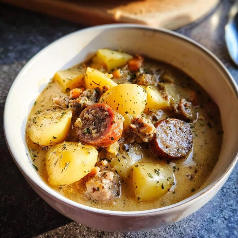 Nahaufnahme eines cremigen Würziger Kartoffel‑Wurst‑Eintopf mit Kartoffelstücken und Wurstscheiben.