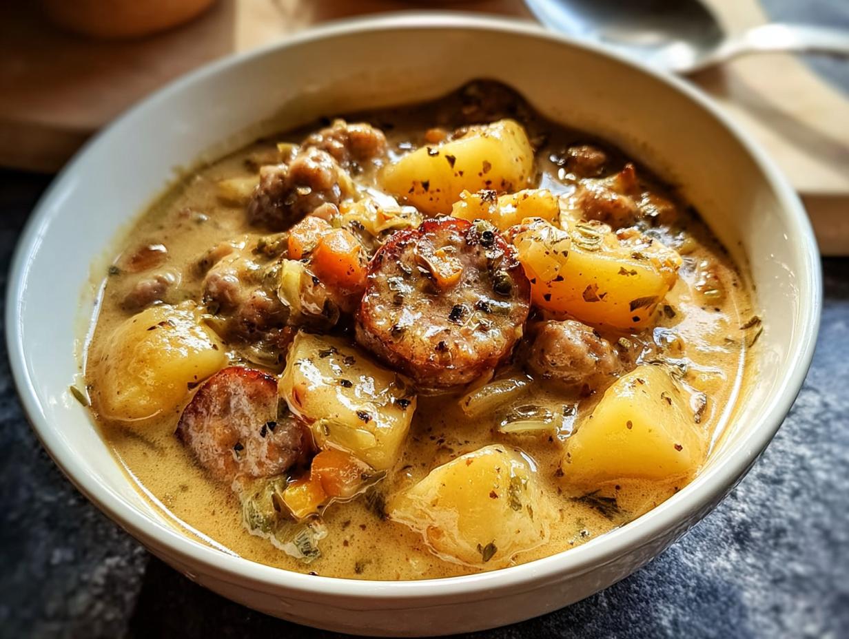 Nahaufnahme eines cremigen Würziger Kartoffel‑Wurst‑Eintopf mit Kartoffelstücken und Wurstscheiben in einer weißen Schüssel.