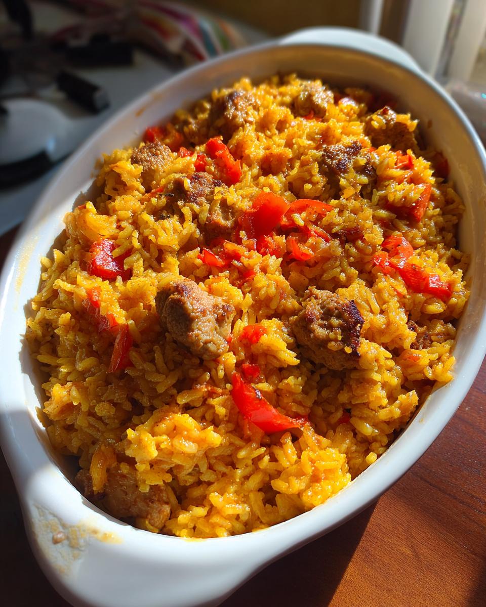 Gelber, würziger Ofenreis mit Hähnchenstücken und roten Paprika in einer weißen Auflaufform.