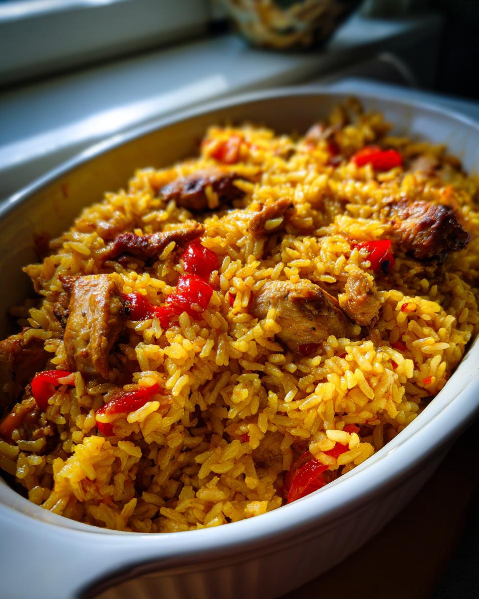 Nahaufnahme von Würziger Ofenreis mit Hähnchen und roten Paprikastücken in einer weißen Auflaufform.